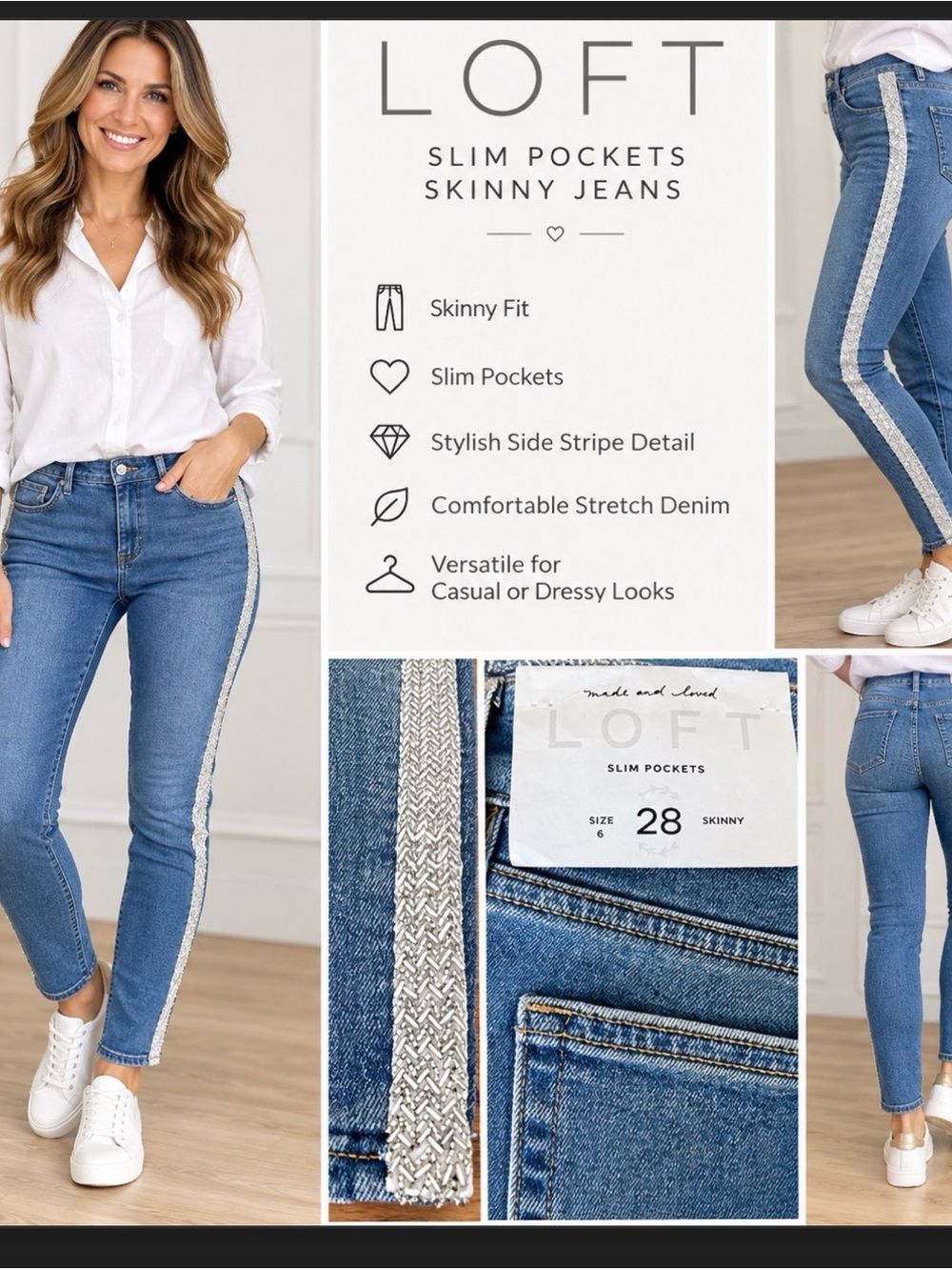 LOFT Slim Pockets Skinny Jeans with Side Stripe Blue & White size 6 (28 waist)